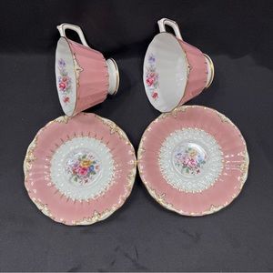 ROYAL CROWN DERBY Kendal Rose Pink Tea Cups & Saucers Set Of 2 - Vintage